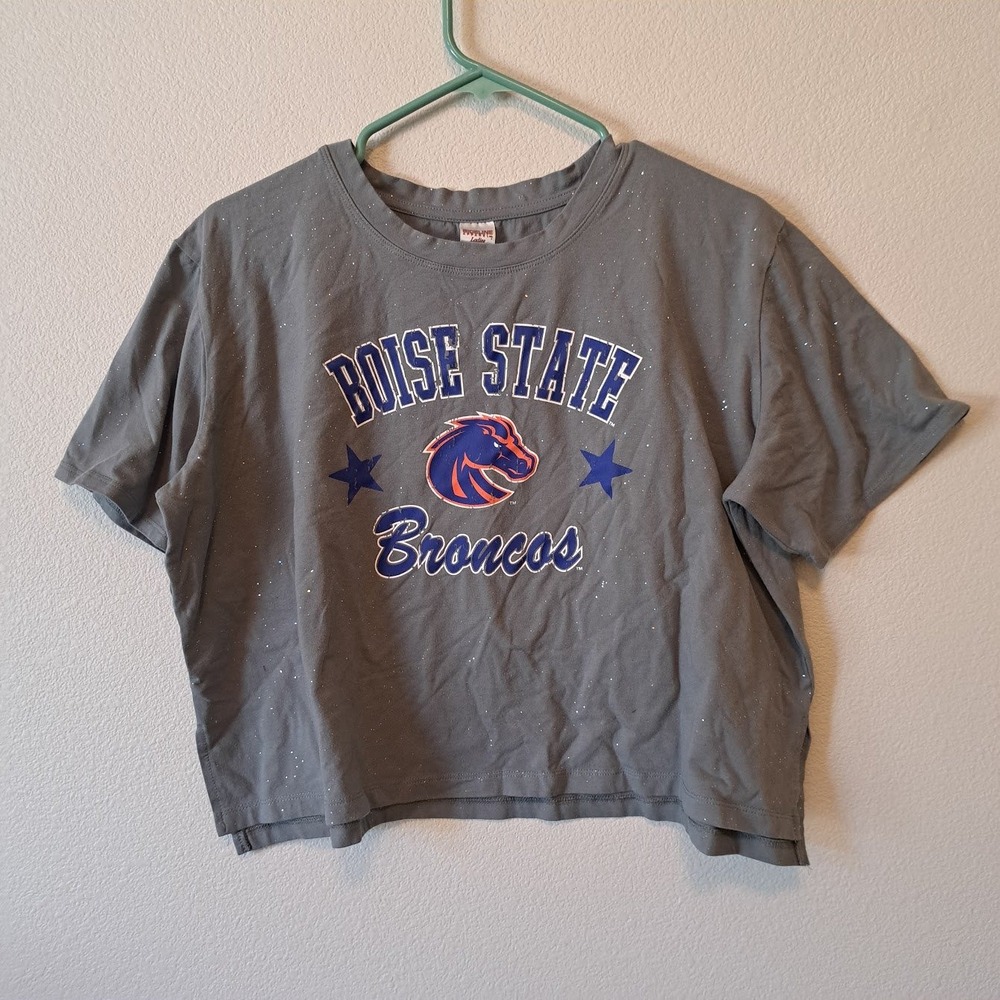 Sideline Apparel Boise State Broncos Womens Grey Glitter Crop T-Shirt Large